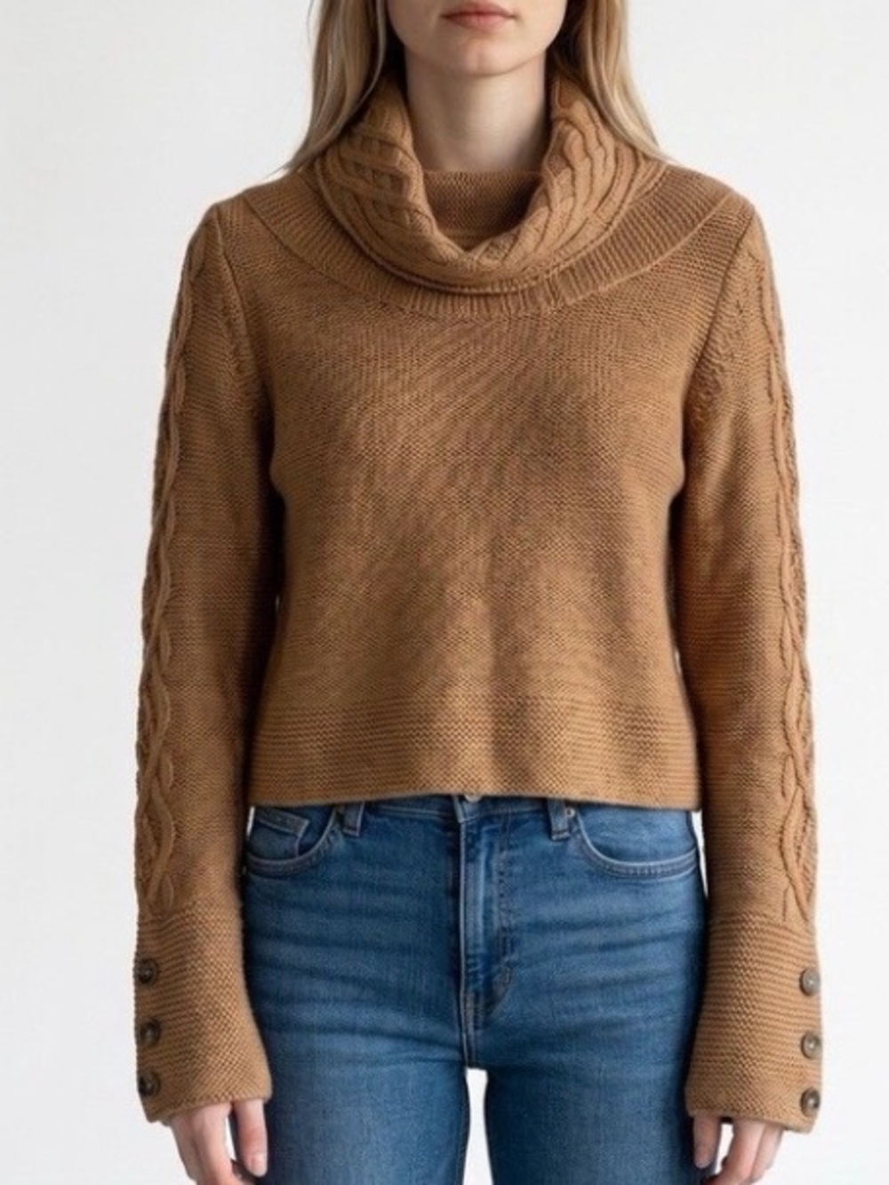WHITE + WARREN 100% Cashmere Sweater Camel Turtleneck Cableknit Sleeves Buttons